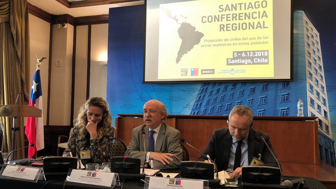 On the 5th and 6th of December 2018, HI co-organised a regional conference in Santiago, the capital of Chile, on protecting civilians from bombing. ; }}