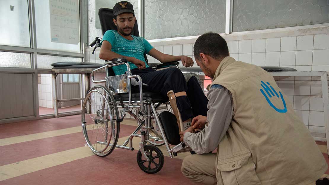 Patient care by Aiman, senior physiotherapist at the Sana'a Rehabilitation Centre, Yemen; }}